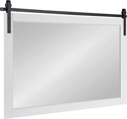 Kate and Laurel Skylan Modern Farmhouse Decorative Wood Framed Wall Mirror; 38 x 27; White and Black; Barn Door-Inspired Transitional Wall Hanging Mirror for Bathroom or Living Room Uses