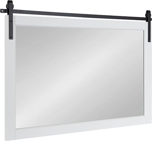 Kate and Laurel Skylan Modern Farmhouse Decorative Wood Framed Wall Mirror; 38 x 27; White and Black; Barn Door-Inspired Transitional Wall Hanging Mirror for Bathroom or Living Room Uses