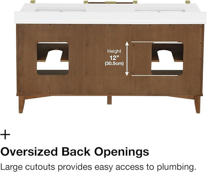 OVE Decors Indy 60 in. Undermount Double Sink Bathroom Vanity with White Engineered Marble Top, Warm Walnut