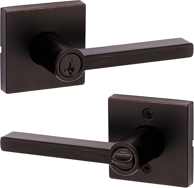 Kwikset Halifax Entry Door Handle with Lock and Key, Secure Keyed Reversible Lever Exterior, For Front Entrance and Bedrooms, Venetian Bronze, Pick Resistant Smartkey Rekey Security and Microban