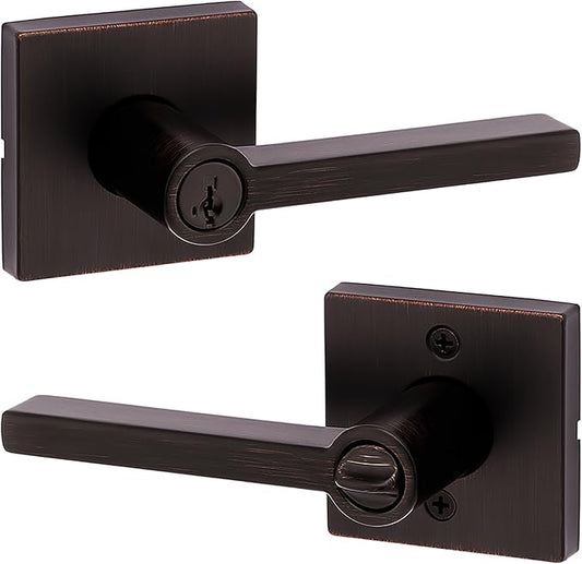 Kwikset Halifax Entry Door Handle with Lock and Key, Secure Keyed Reversible Lever Exterior, For Front Entrance and Bedrooms, Venetian Bronze, Pick Resistant Smartkey Rekey Security and Microban