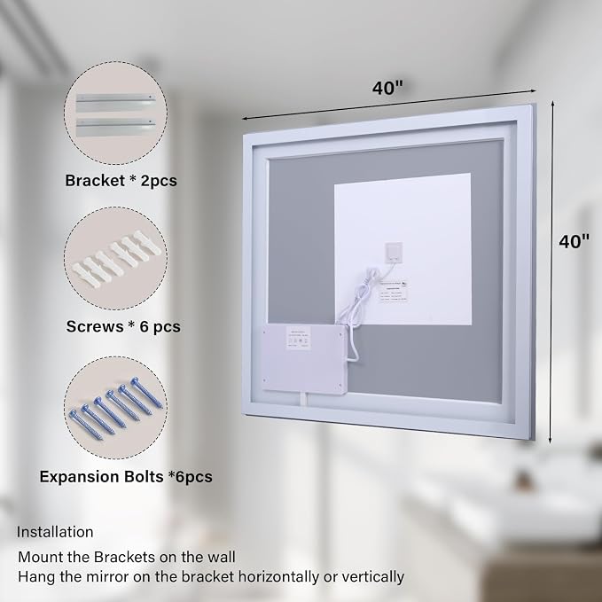 XRAMFY 40"X40" LED Bathroom Mirror, Backlit + Front Lit Wall Mirror | LED Bathroom Mirror with Lights for Wall, 3 Colors, Anti-Fog, Dimmable Brightness, Tempered Glass
