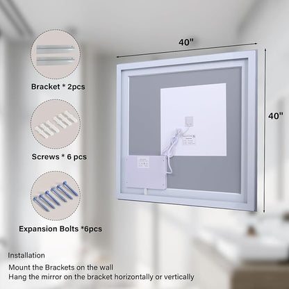 XRAMFY 40"X40" LED Bathroom Mirror, Backlit + Front Lit Wall Mirror | LED Bathroom Mirror with Lights for Wall, 3 Colors, Anti-Fog, Dimmable Brightness, Tempered Glass