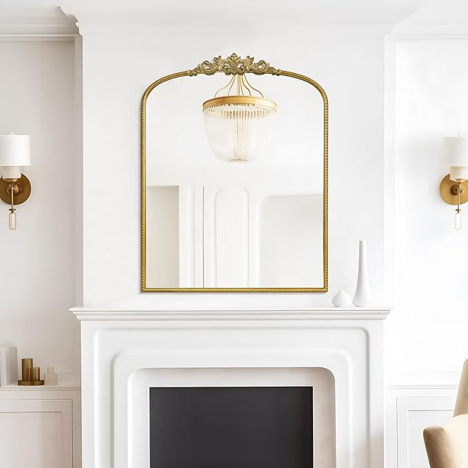 WallBeyond Gold Vintage Mirror for Vanity 28x36 Inch, Gold Antique Mirror with Ornate Frame, Arched Vintage Wall for Bathroom, Living Room, Fireplace, Entryway