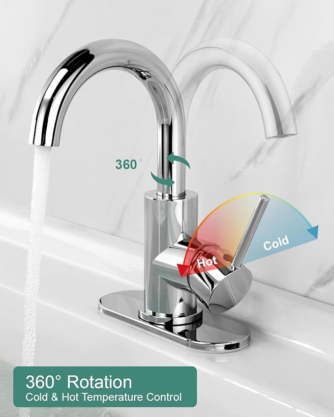 RKF Single-Handle Swivel Spout Bathroom Sink Faucet with Pop-up Drain with Overflow and Supply Hose,Bar Sink Faucet,Small Kitchen Faucet Tap,Chrome Polished,BF3501P-CP2