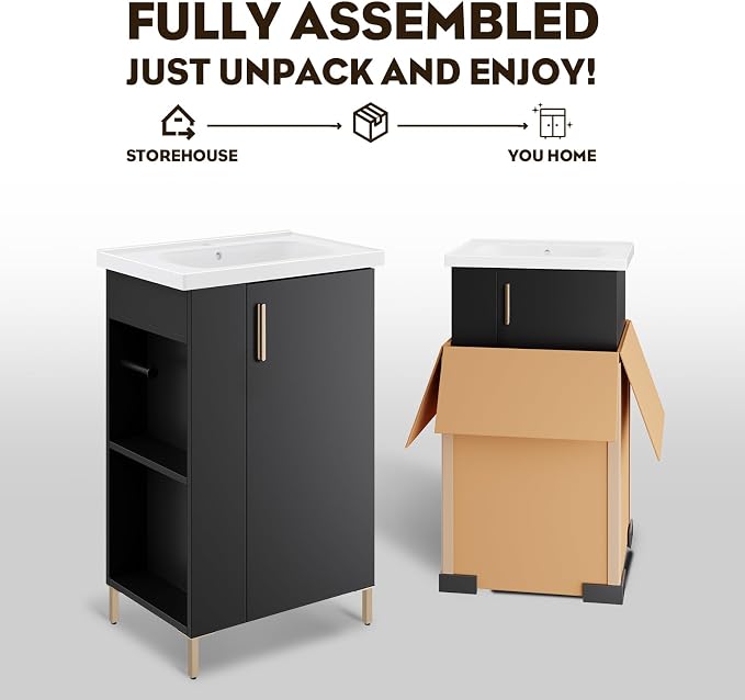 20 Inch Black Freestanding Bathroom Vanity, Pre-Assembled Bathroom Cabinet with Ceramic Sink, Soft-Close Door, Left Side Storage, Fit for Small Bathrooms, No Faucet, BV05-20-PUREBLACK-PLUS