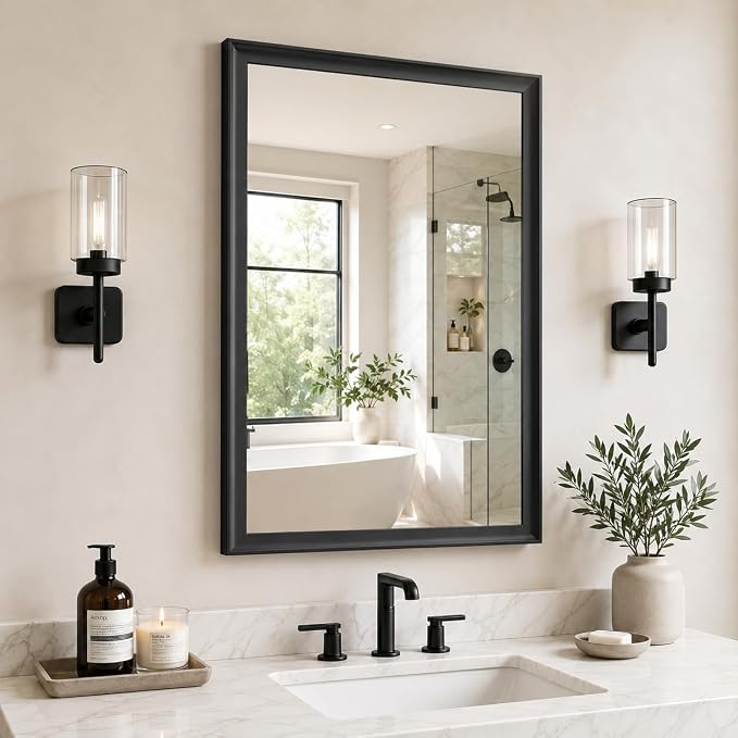 24x36 Inch Black Bathroom Mirrors for Over Sink | Rectangle Vanity Wall Mirror for Bedroom, Entryway, Living Room Decor, Aluminum Framed, Curved Wide Edge, Anti-Rust
