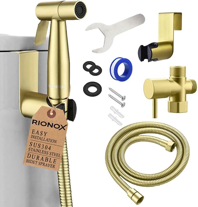 Handheld Bidet Sprayer Kit - Adjustable Water Pressure Jet for Toilet, Bidet for Toilet, Easy Installation, Quality Stainless Steel, Durable Internals, Leakproof Design (Gold)