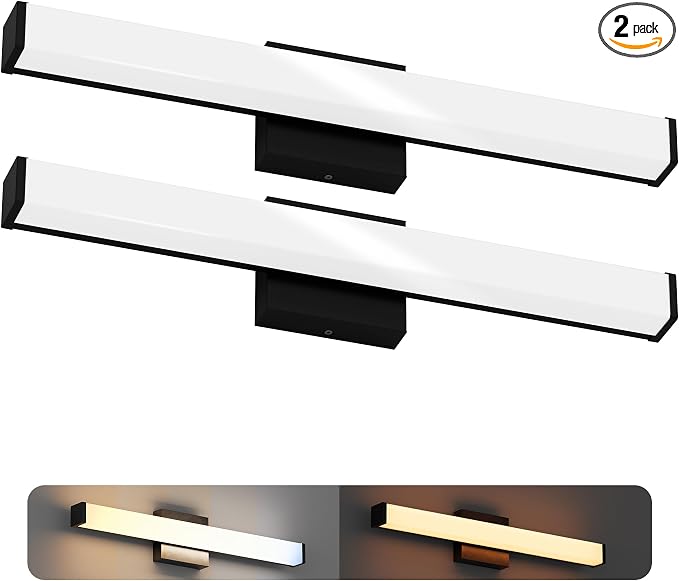 24 Inch Bathroom Vanity Light Fixtures with Night Light: Long Square Wall Mounted LED Lighting Bar Over Mirror with 5CCT & 2200K Color Changing, 120V, 1230-1350lm, ETL, Matte Black, 2 Packs