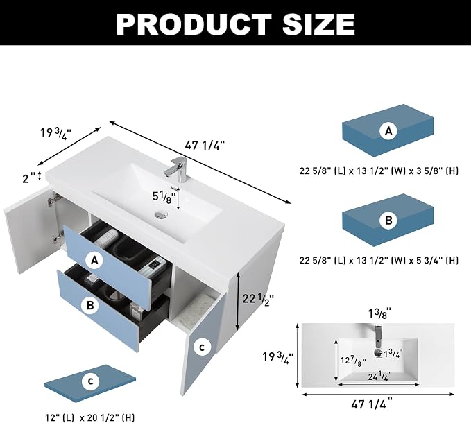 Pre-Assembled 48'' Wall Mounted Bathroom Vanity with Sink, Glossy White | Floating Bathroom Vanity with Single Sink, 2 Soft-Close Doors and 2 Drawers, Resin Integrated Sink, Easy to Install & Clean