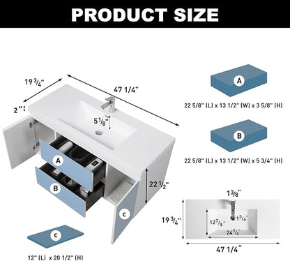 Pre-Assembled 48'' Wall Mounted Bathroom Vanity with Sink, Glossy White | Floating Bathroom Vanity with Single Sink, 2 Soft-Close Doors and 2 Drawers, Resin Integrated Sink, Easy to Install & Clean