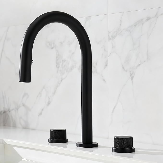 3 Hole Basin Mixer Faucet Pull Brass 3 Hole Bathroom Faucets Dual Mode 2 Handles-Black