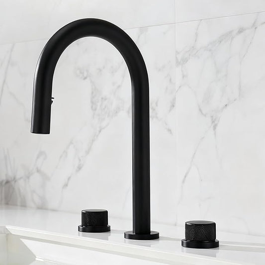 3 Hole Basin Mixer Faucet Pull Brass 3 Hole Bathroom Faucets Dual Mode 2 Handles-Black