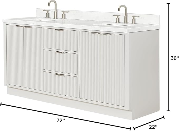 ARIEL Milan 72-inch Bathroom Vanity with Sink,Solid Wood, 1.5-inch Carrara White Quartz Countertop, Double Rectangular Porcelain Sink, 4 Soft Closing Doors, 3 Dovetail Drawers, Warm White