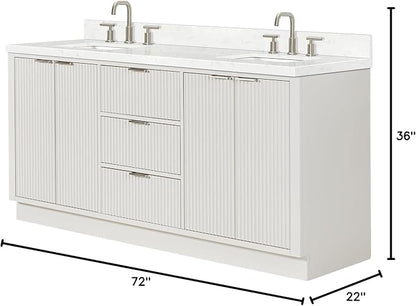 ARIEL Milan 72-inch Bathroom Vanity with Sink,Solid Wood, 1.5-inch Carrara White Quartz Countertop, Double Rectangular Porcelain Sink, 4 Soft Closing Doors, 3 Dovetail Drawers, Warm White