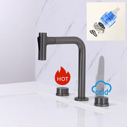 BiaoTeng Bathroom Faucets for Sink 3 Hole Pull Out 2 Functions with 360° Swivel Hot and Cold Brass 2 Handle Faucet for Bathroom Sink Pull Down Grey