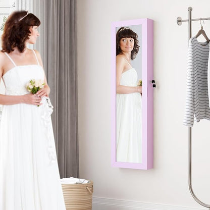 Full Length Mirror Jewelry Cabinet Organizer Lockable Door Wall-Mounted Jewelry Armoire with Shelves and Behind the Door Storage Pink