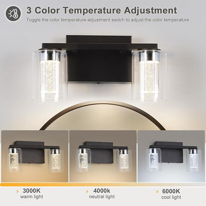 2-Light Bathroom Light Fixtures, Black Modern Vanity Lights with Clear Glass Shade, LED Bathroom Wall Lighting with Crystal Bubble for Mirror Hallway Cabinet Porch