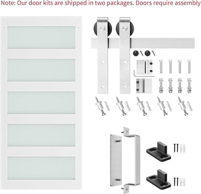 SMARTSTANDARD 42 x 84 in Glass Barn Door with 7FT Silver Sliding Hardware | Brushed Nickel Sliding Hardware Kit & Handle, Pre-Drilled Ready to Assemble, Waterproof PVC Coating, White, 5-Panel Glass