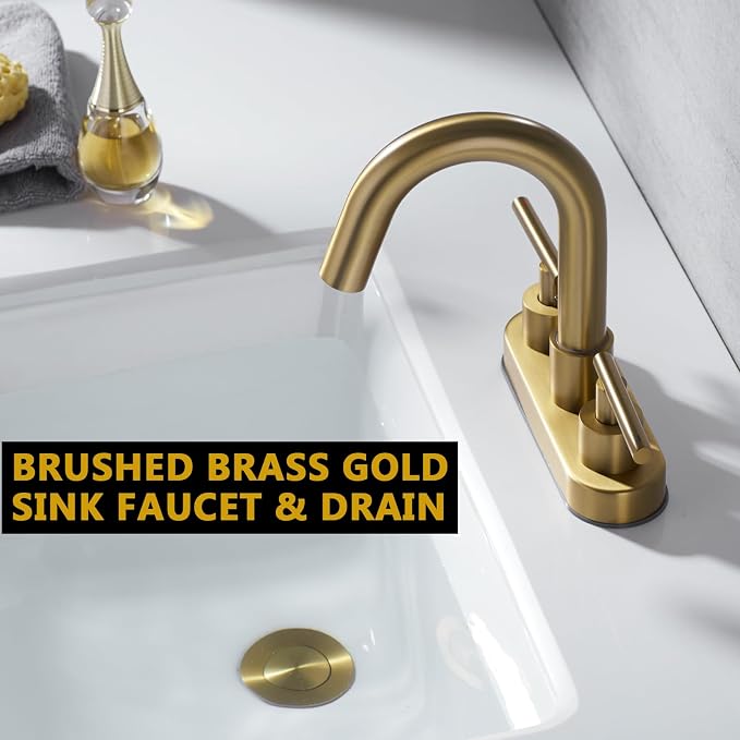 Bathroom Faucet 2 Handle 4 Inch Centerset Vanity Sink Faucet with Metal Overflow Pop Up Drain, 360°Swivel Spout, Stainless Steel, Brushed Brass Gold