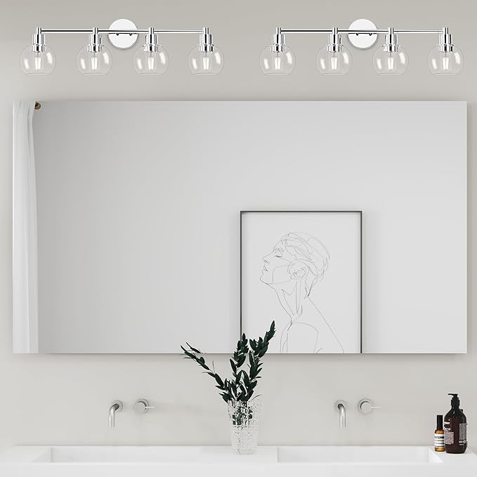 Espird 4 Lights Bathroom Vanity Light Fixtures Chrome, Bathroom Lights Over Mirror, Industrial and Farmhouse 4 Lights Wall Sconce, Polished Chrome Globe Vanity Lighting Fixtures