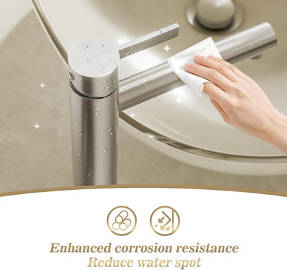 Single Hole Tall Brushed Nickel Vessel Bathroom Sink Faucet, One Hole Single Handle Modern Bathroom Faucet, with Pop Up Drain and Water Supply Line,FH01-BN-V