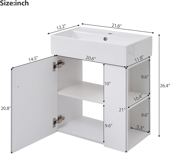 BNSPLY 22 Inch Floating Bathroom Vanity with Sink, Wall Mounted Bathroom Vanity Cabinet with Ceramic Sink, Modern Single Basin Vanities, Small Restroom Basin Cabinet with Right Side Storage, White