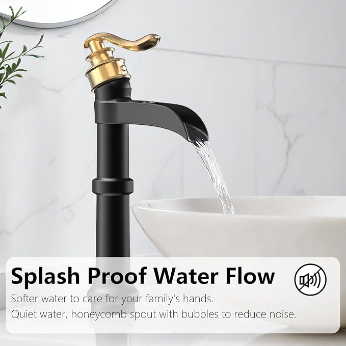 Black and Gold Vessel Sink Faucet Brass Tall Waterfall Bathroom Faucet | Bathroom Sink Faucets Single Handle with Pop Up Drain Without Overflow and Supply Hoses Mixer Tap Deck Mount by BATHLAVISH