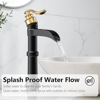 Black and Gold Vessel Sink Faucet Brass Tall Waterfall Bathroom Faucet | Bathroom Sink Faucets Single Handle with Pop Up Drain Without Overflow and Supply Hoses Mixer Tap Deck Mount by BATHLAVISH