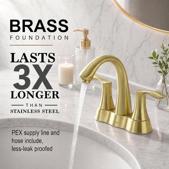 Brushed Gold Bathroom Faucet 3 Hole, 2 Handle Bathroom Sink Faucet, 4 Inch Centerset Bathroom Faucet with Drain Assembly, BF423-SG