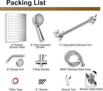 Shower Head with Handheld Spray, 8" High Pressure Rain Shower Head Combo with Adjustable Extension Arm, 5 Spray Modes Dual Showerhead Set, Detachable Handheld Shower, 304 Stainless Steel, Chrome