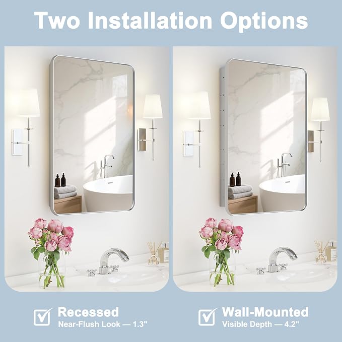 20x28 in Bathroom Medicine Cabinet with Mirror, Matte Silver | Fully Assembled; Recessed or Surface Wall Mount; Metal Cabinet with Tempered Glass Mirror and Two Adjustable Glass Shelves