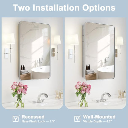 20x28 in Bathroom Medicine Cabinet with Mirror, Matte Silver | Fully Assembled; Recessed or Surface Wall Mount; Metal Cabinet with Tempered Glass Mirror and Two Adjustable Glass Shelves