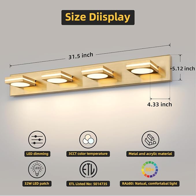 Bathroom Light Fixtures, Gold Vanity Light Modern LED Acrylic Lighting Fixtures, Bathroom Accessories Dimmer Lamps, 3CCT, 30-inch