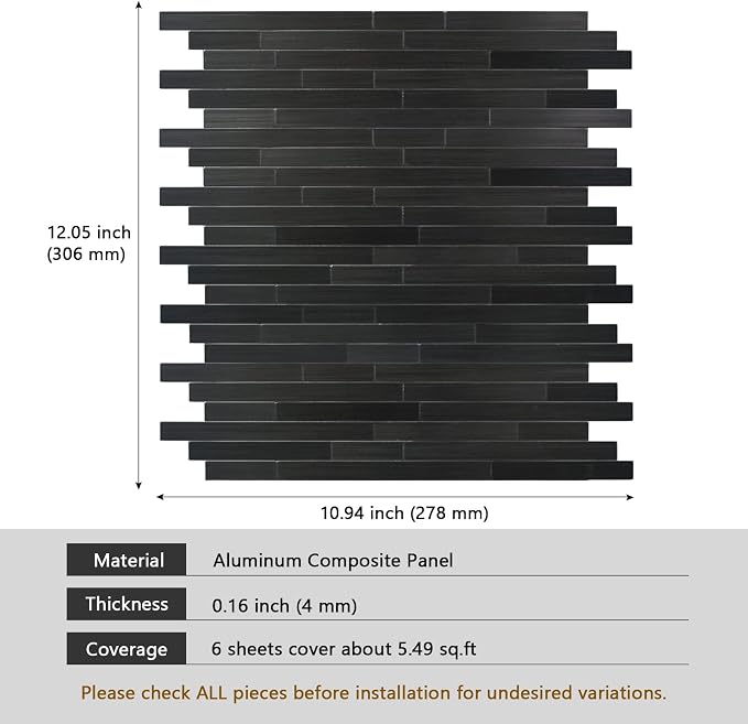 Black Peel and Stick Backsplash Subway Tile, Self Adhesive Aluminum Metal Backsplash DIY Stick on Wall Tiles for Kitchen Bathroom (6 Sheets)