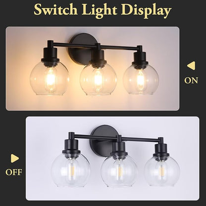Bathroom Vanity Light 3 Light, Black Bathroom Light Fixtures with Clear Globe Glass Shade, Matted Black Wall Sconce Over Mirror for Kitchen, Living Room