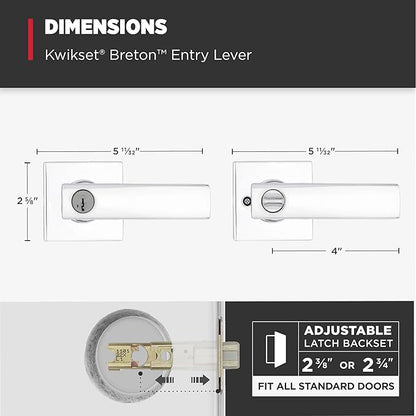 Kwikset Breton Entry Door Handle with Lock and Key, Secure Keyed Reversible Lever Exterior, Doorlock, For Front Entrance and Bedrooms, Polished Chrome , Pick Resistant Smartkey Rekey Security
