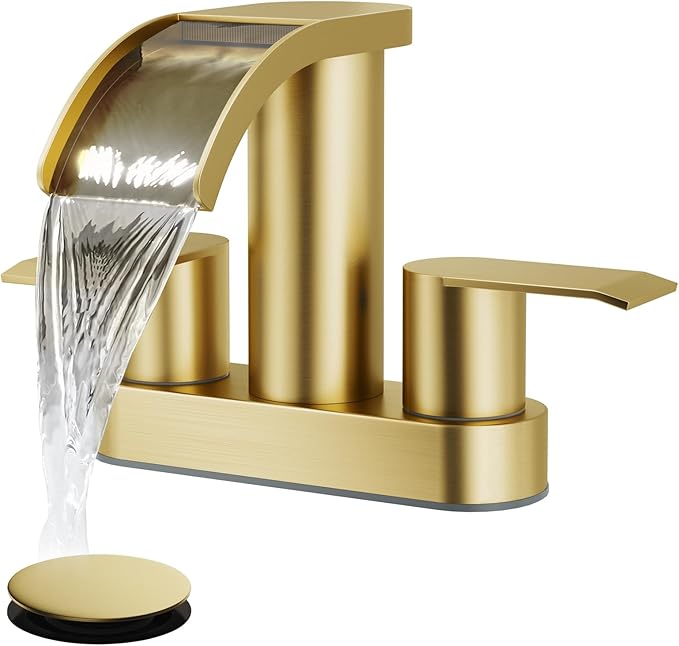 gotonovo 4 Inch Centerset Waterfall Bathroom Sink Faucet Deck Mount 2 Handle Basin Faucets 2 or 3 Hole with Pop Up Drain Included Lavatory Modern Mixer Tap Vanity Faucet Brushed Gold