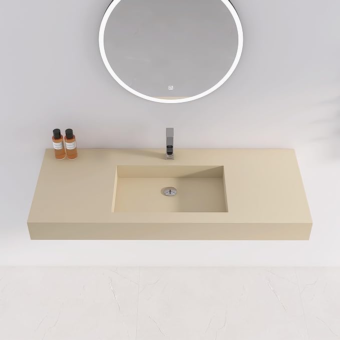 47"X19" Bathroom Sink with Single Faucet Hole, Stone Resin Wall-Mount or Countertop Vessel Sink, Rectangle Solid Surface Floating Sink with Mounting Screws, Latte Color