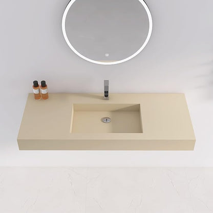 47"X19" Bathroom Sink with Single Faucet Hole, Stone Resin Wall-Mount or Countertop Vessel Sink, Rectangle Solid Surface Floating Sink with Mounting Screws, Latte Color