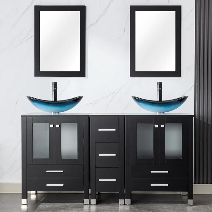 LUCKWIND 60" Double 24" Bathroom Vanity with Sink Combo, Elegant Series with One 12.6-in Side Cabinet, Painted Frame, Including Blue Boat Sinks, Faucets Without Mirrors, Black