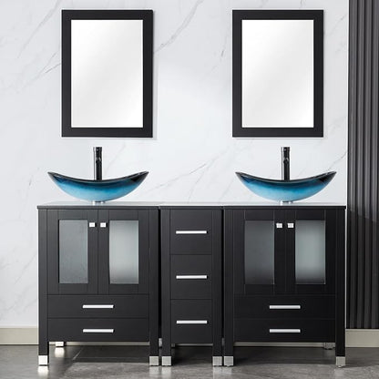 LUCKWIND 60" Double 24" Bathroom Vanity with Sink Combo, Elegant Series with One 12.6-in Side Cabinet, Painted Frame, Including Blue Boat Sinks, Faucets Without Mirrors, Black