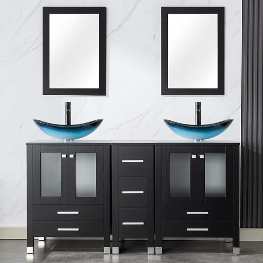 LUCKWIND 60" Double 24" Bathroom Vanity with Sink Combo, Elegant Series with One 12.6-in Side Cabinet, Painted Frame, Including Blue Boat Sinks, Faucets Without Mirrors, Black
