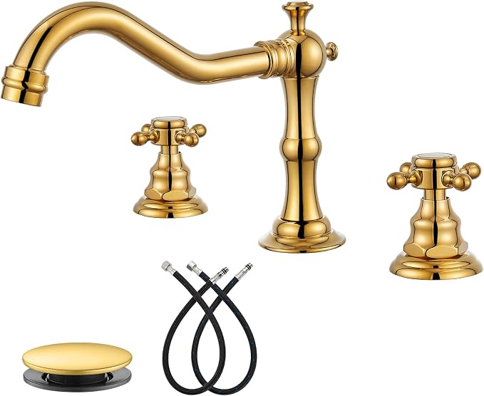 gotonovo 3 Hole 8’’ Widespread Bathroom Sink Faucet Polished Gold | Vintage Bathroom Faucet,2 Cross Handle,6-16’’ Sink,Vanity,Basin,RV,Farmhouse,SUS304,24’’ cUPC Hose Pop Up Drain,Deck Mount