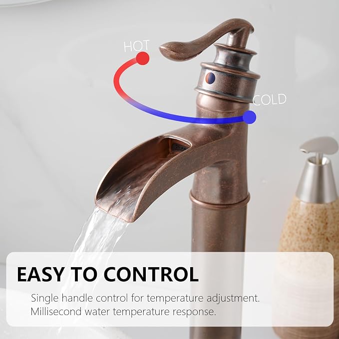 Copper Vessel Sink Faucet Tall Brass Waterfall Faucet for Vessel Sink | Bathroom Faucets Farmhouse Single Hole Single Handle Vanity Lavatory Without Overflow Pop Up Drain for Washroom by BATHLAVISH