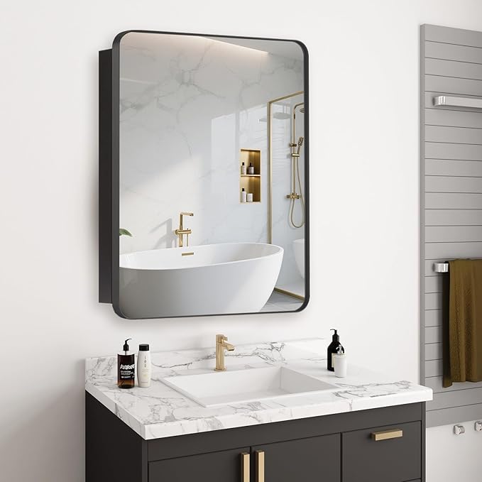 20’’x26’’ Medicine Cabinet,Metal Framed Medicine Cabinet Mirror with Round Corner,Recessed and Surface Mount Bathroom Mirror with Storage, Removeable Shelves,Dark Gray Frame