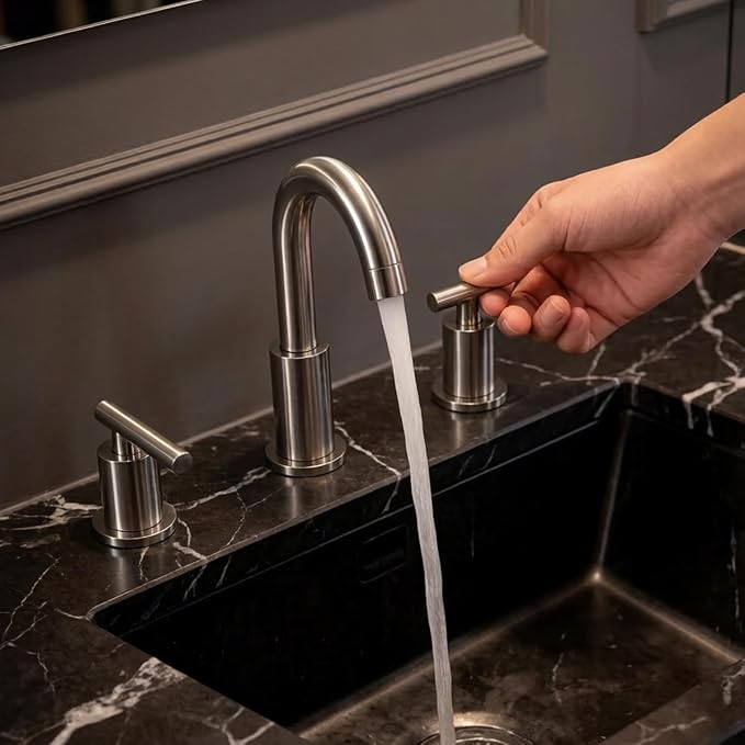 TRUSTMI 8" Widespread Bathroom Faucet Brushed Nickel, Swivel Spout & Drain | Brass Construction, Include Overflow Drain & cUPC Supply Lines, fits 3-Hole 6–12" Vanity Sinks, Spot-Resistant, Easy to Clean