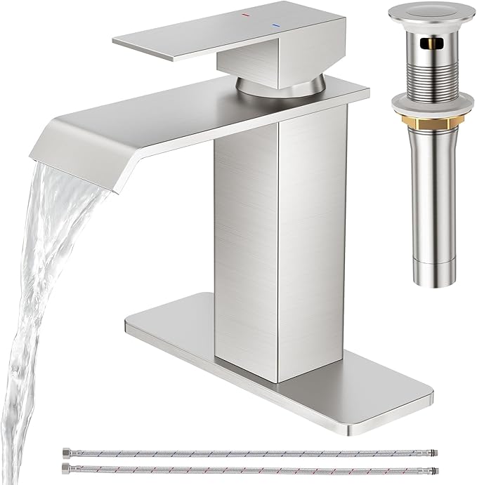 CREA Waterfall Bathroom Faucet 1 Hole,Brushed Nickel Bathroom Faucet Single Handle Bathroom Sink Faucet with Pop Up Drain Stopper/ 3 Hole Plate,Stainless Steel RV Vanity Faucet Basin Mixer Tap