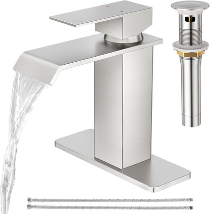 CREA Waterfall Bathroom Faucet 1 Hole,Brushed Nickel Bathroom Faucet Single Handle Bathroom Sink Faucet with Pop Up Drain Stopper/ 3 Hole Plate,Stainless Steel RV Vanity Faucet Basin Mixer Tap