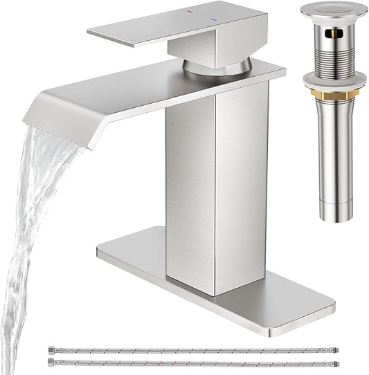 CREA Waterfall Bathroom Faucet 1 Hole,Brushed Nickel Bathroom Faucet Single Handle Bathroom Sink Faucet with Pop Up Drain Stopper/ 3 Hole Plate,Stainless Steel RV Vanity Faucet Basin Mixer Tap